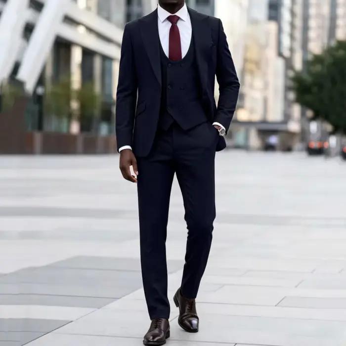 Costume homme marron foncé 3 pièces uni avec revers pour mariage anniversaire banquet fête affaires travail bureau veste gilet pantalon终身难忘男士深棕色三件套西装用于婚礼周年庆宴会商务工作