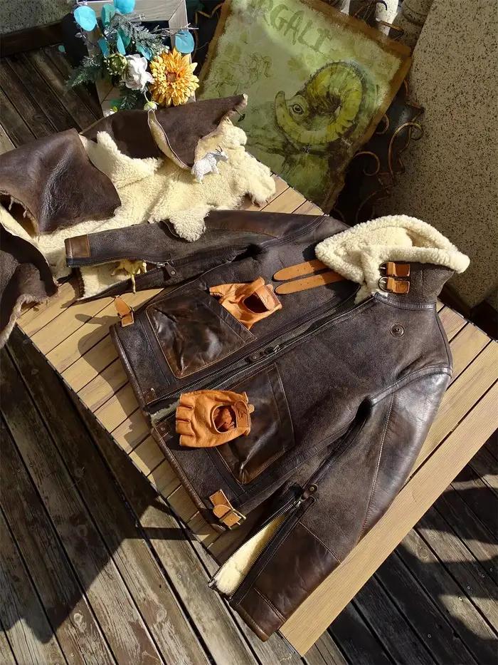 Veste d'hiver en peau de mouton marron foncé pour homme