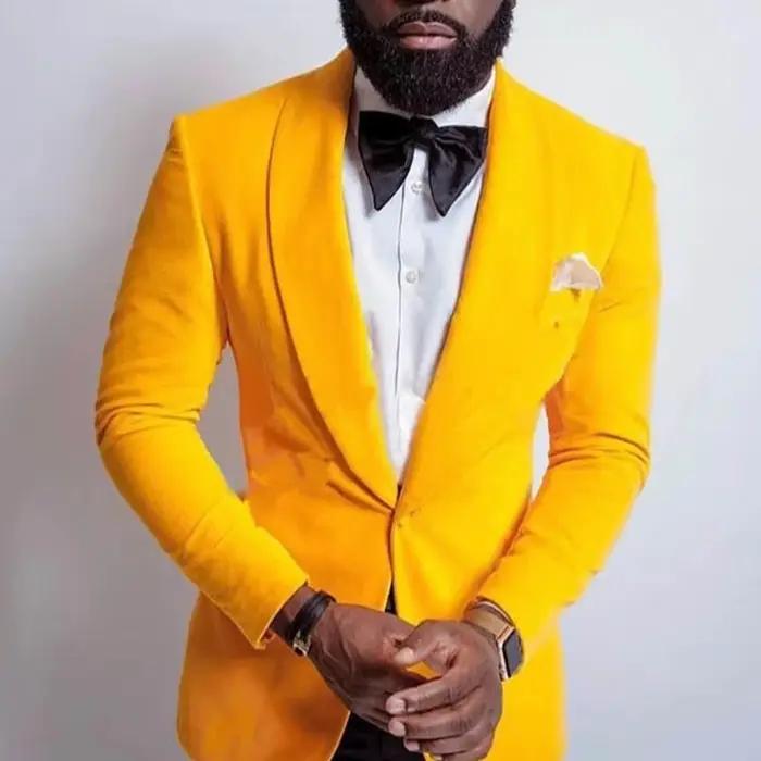Velours jaune hommes costume veste une pièce bal Blazer pour mariage garçons d'honneur châle revers personnalisé mâle mode manteau dernier Style 2022