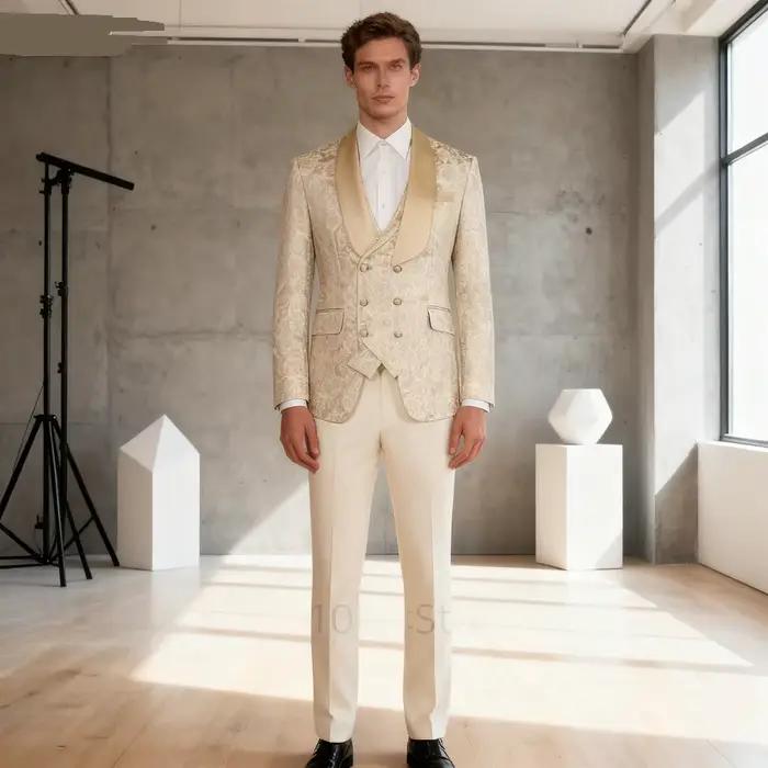 Costume de smoking formel 3 pièces en jacquard champagne pour homme avec blazer à revers châle