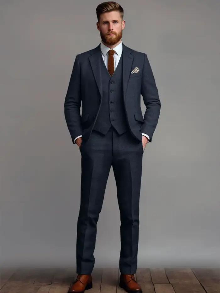 Ensemble de Costume 3 Pièces Bleu Marine Uni Graceprom pour Homme Occasions Formelles Mariage Bal de Promo