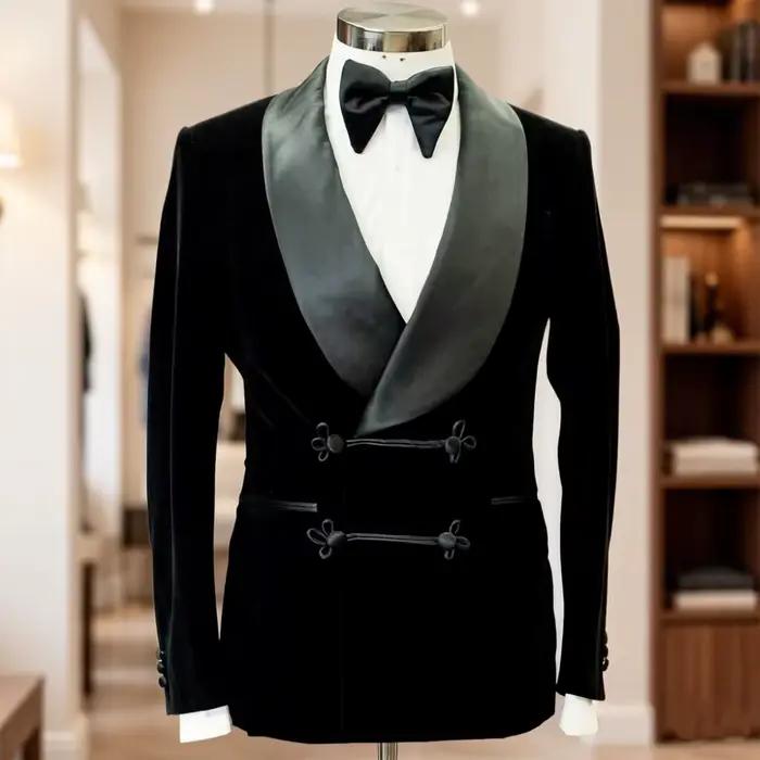 Veste de fumée en velours noir style preppy pour hommes, blazer élégant pour mariages et événements de fête