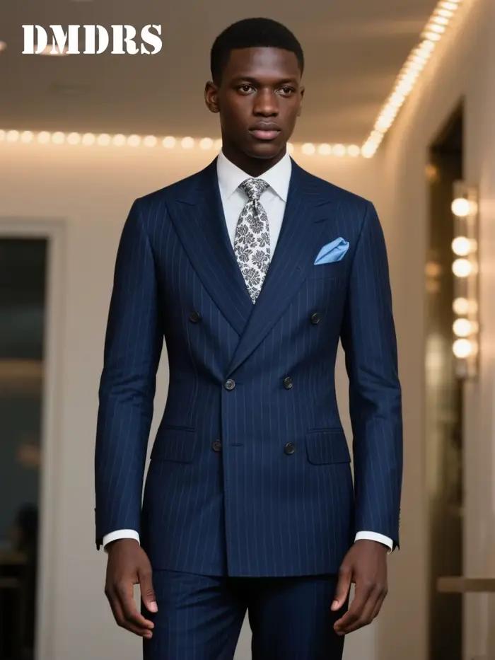 Costume double boutonnage à fines rayures bleu marine pour hommes, ensemble de costume de marié formel avec veste et pantalon classiques, costumes de mariage pour hommes occasions spéciales