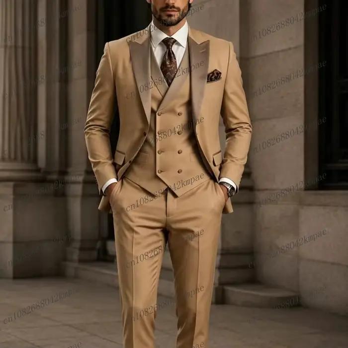 Nouveau Costume Formel Homme Champagne Pour Mariage Soirée Bal Affaires Avec Blazer Gilet Pantalon Taille Unique