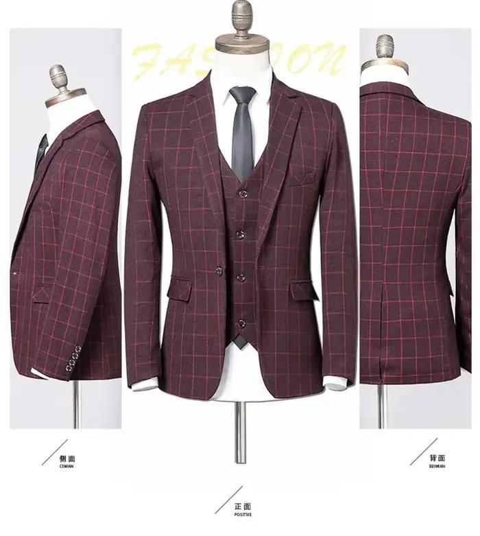 Costume (Blazer + gilet + pantalon) homme Style italien mode affaires élégant Gentleman Plaid mince décontracté