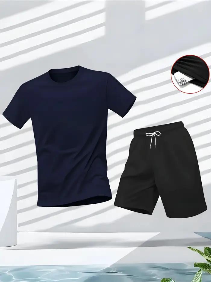 Costume homme décontracté en polyester pour activités sportives été T-shirt et short ensemble 2 pièces style loisirs confortable