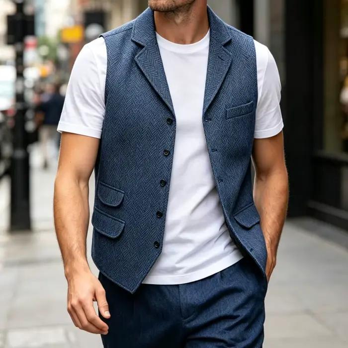 Gilet pour homme en tweed à chevrons, coupe ajustée, pour affaires et mariage
