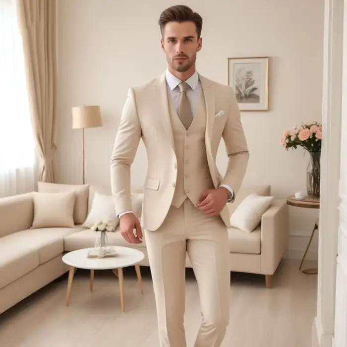 Smoking à simple boutonnage pour hommes, costume beige 3 pièces, revers cranté, chic et décontracté pour mariage et occasions formelles