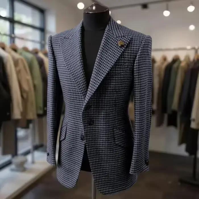 Veste formelle pied-de-poule laine marron blazer avec revers de pointe décontracté pour hommes mariage affaires fête automne hiver personnalisé