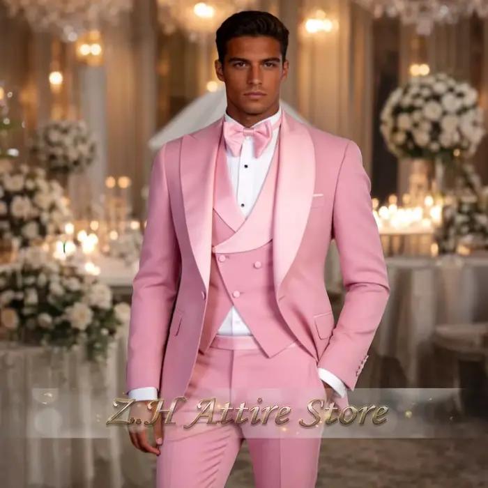 Costume élégant rose pour homme 3 pièces avec veste à revers en satin