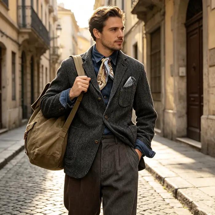 Blazer en tweed à chevrons pour homme, style vintage britannique, coupe ajustée, veste de costume en mélange de laine, revers cranté, manteau formel et décontracté pour affaires