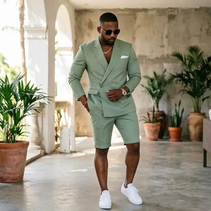 Costume d'été vert sauge décontracté pour homme, léger et respirant, idéal pour les vacances et les occasions quotidiennes
