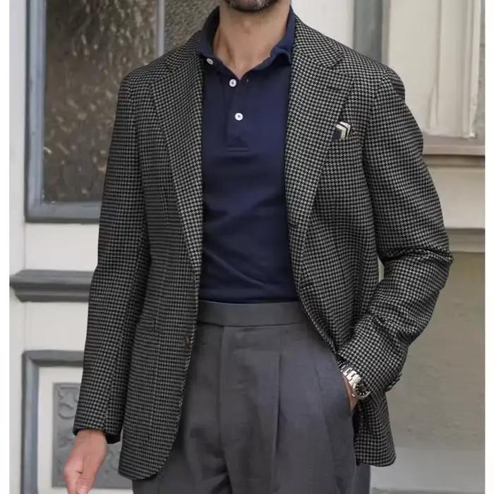 Nouvelle Veste de Costume pour Hommes en Tissu Pied-de-Poule Kaki, Décontractée et Confortable pour Occasions Formelles et Informelles