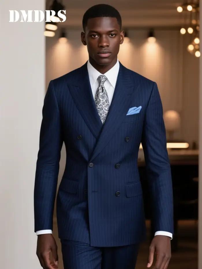 Costume double boutonnage à fines rayures bleu marine pour hommes, ensemble de costume de marié formel avec veste et pantalon classiques, costumes de mariage pour hommes occasions spéciales