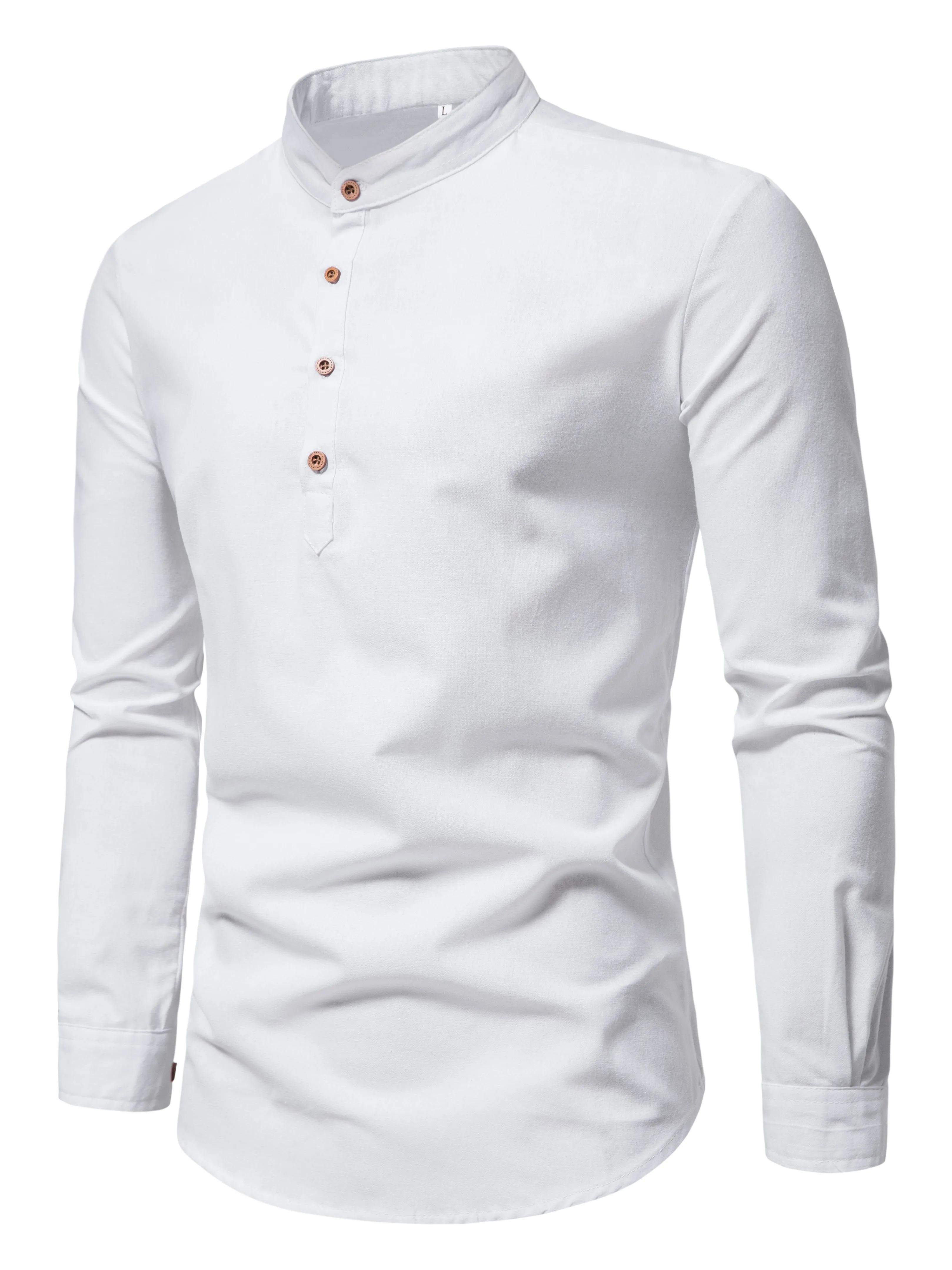 Chemises de couleur unie en pur coton pour hommes, chemises élégantes à manches longues et col monta