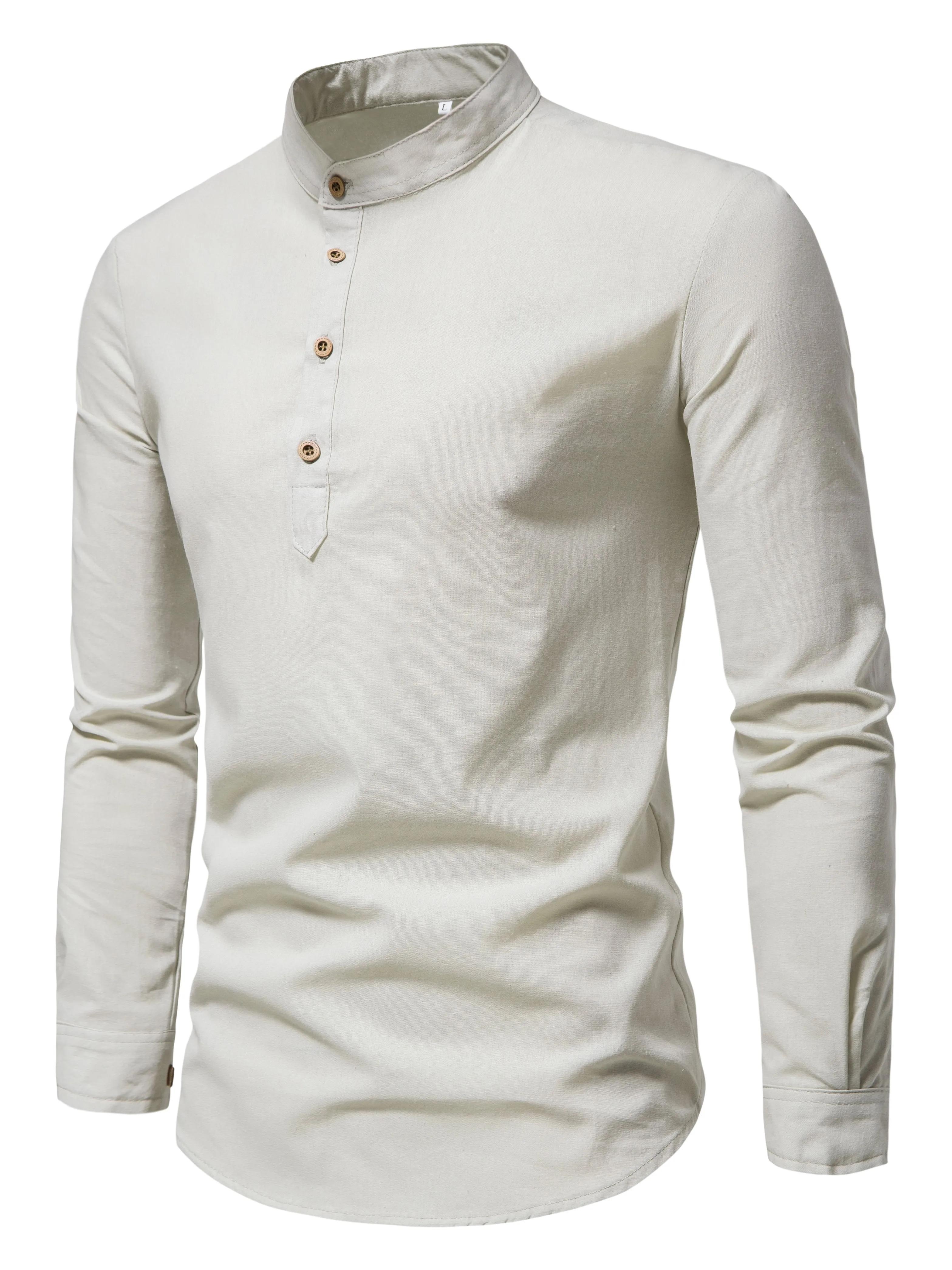 Chemises de couleur unie en pur coton pour hommes, chemises élégantes à manches longues et col monta