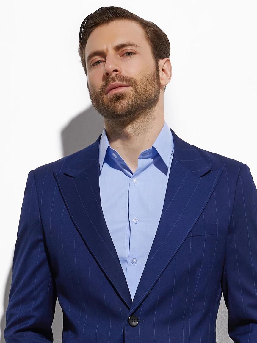 Costumes sur mesure pour hommes, Slim Imbibé, Super Wide Chalk Stripe, Bleu foncé, Costumes sur mesu