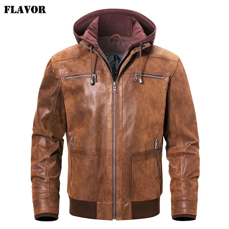 FLAVOR Veste en cuir marron pour homme, en cuir véritable, style motard, avec capuche amovible, chau