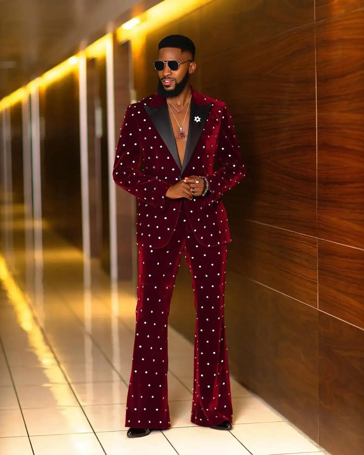 Costumes de mariage de luxe pour hommes, Tuxedos à revers perlé pour marié, 2 pièces, Blazer en velo