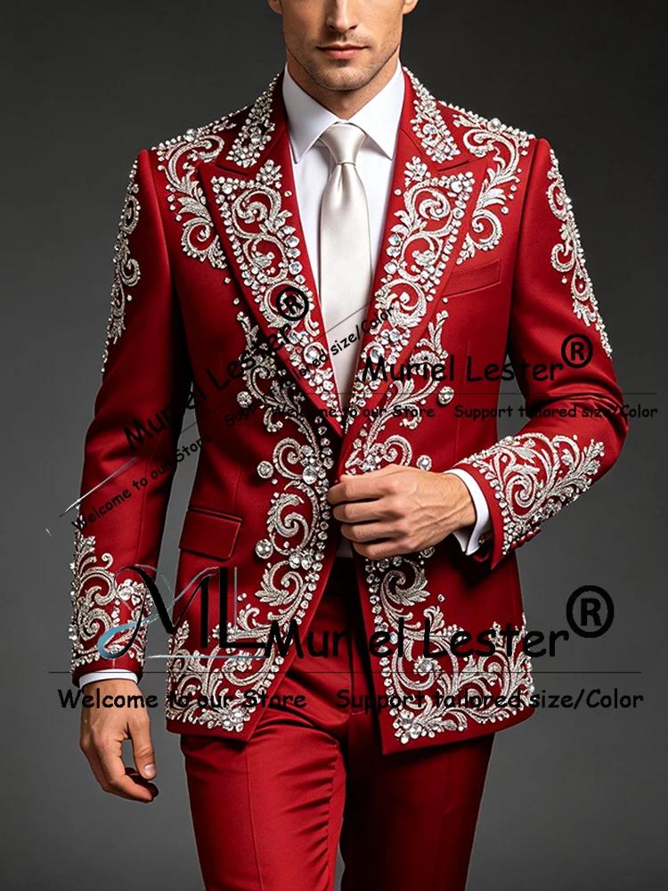 Costume de mariage rouge exquis pour homme, blazer de bal orné de strass et de perles, sur mesure, 2