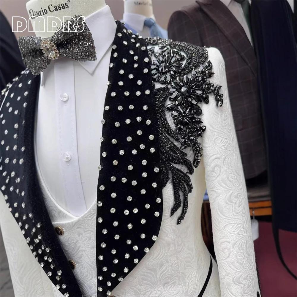Ensemble de Smoking Paisley de Luxe pour Homme, Tenue Formelle 3 Pièces avec Perles et Strass Noirs 