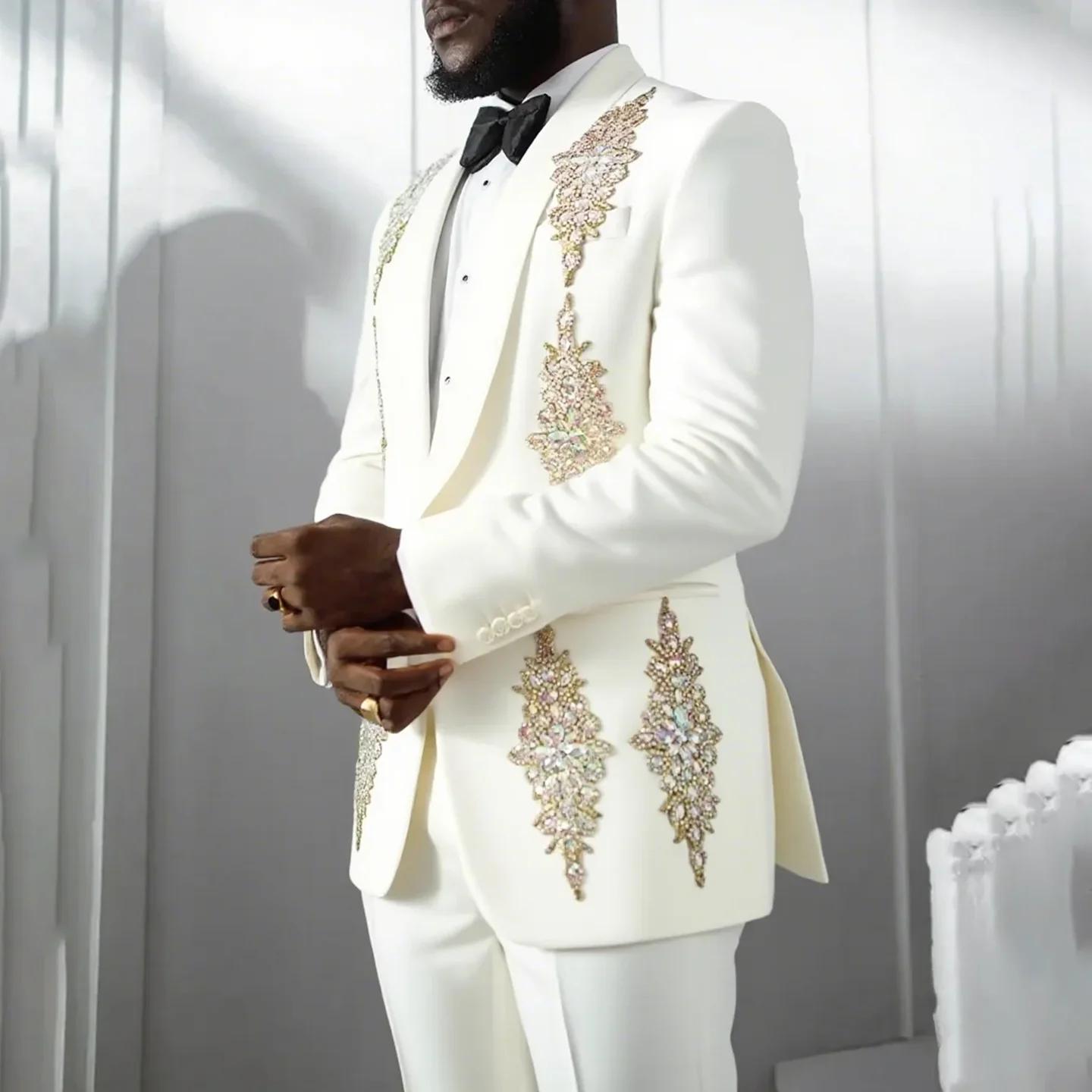 Costumes de Mariage Blancs de Luxe pour Hommes, Coupe Classique, 2 Pièces, avec Appliques Tendance,