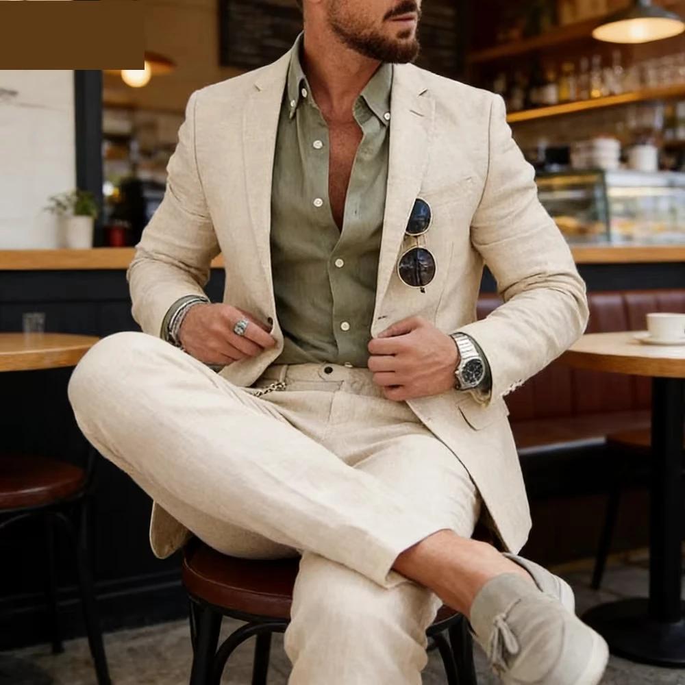 Costume en lin beige pour homme, 2 pièces, coupe ajustée, décontracté, pour mariage, bal de promo, e
