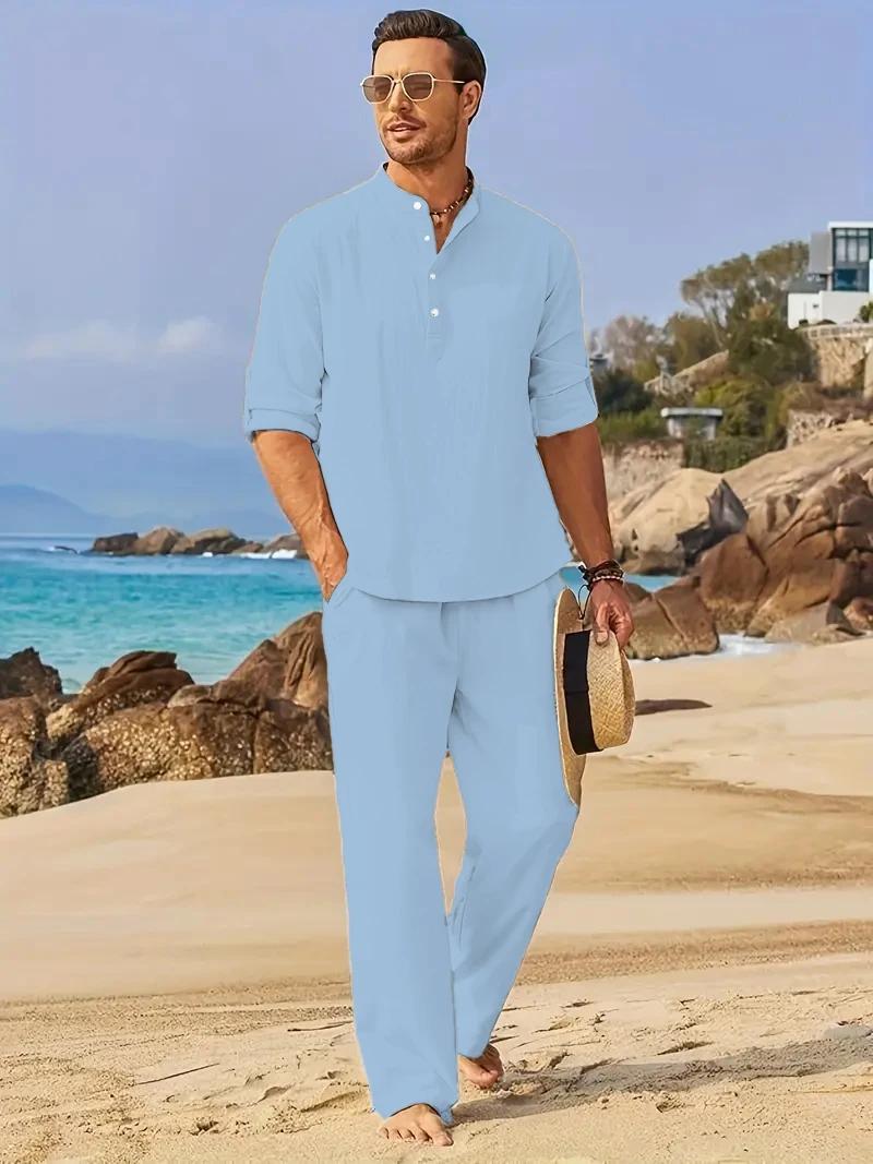 Ensemble de costume en lin blanc pour homme, chemise Henley à manches longues et pantalon à taille é