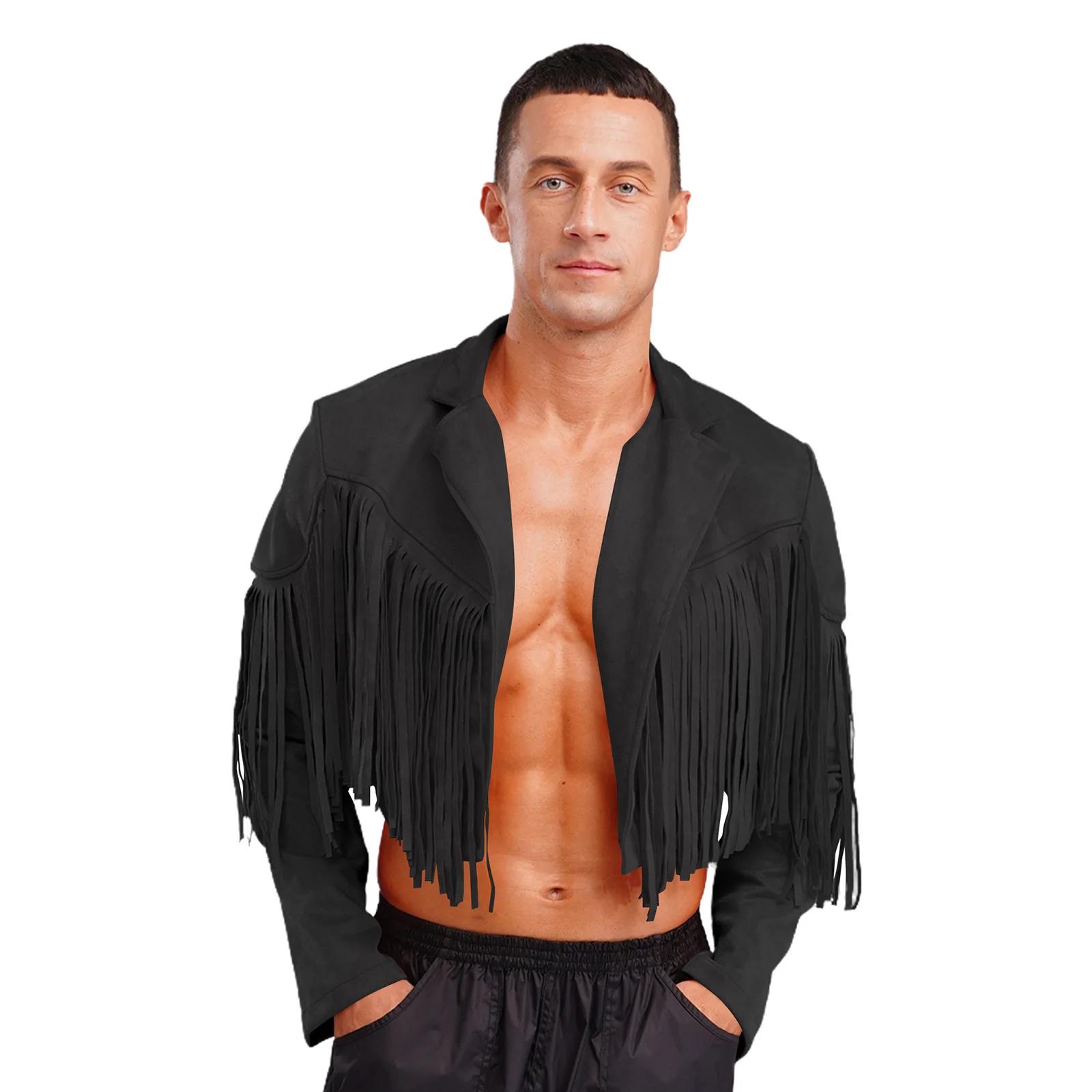 Vestes courtes en Faux daim à franges pour hommes, Cardigan à revers à manches longues ouvert sur le