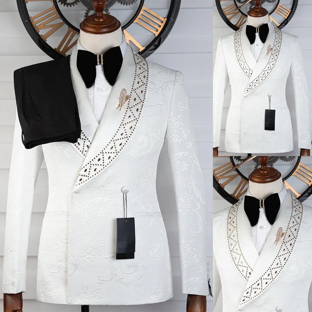 Costumes de mariage élégants pour marié, châle à revers, Double boutonnage, strass, Tuxedos, veste e