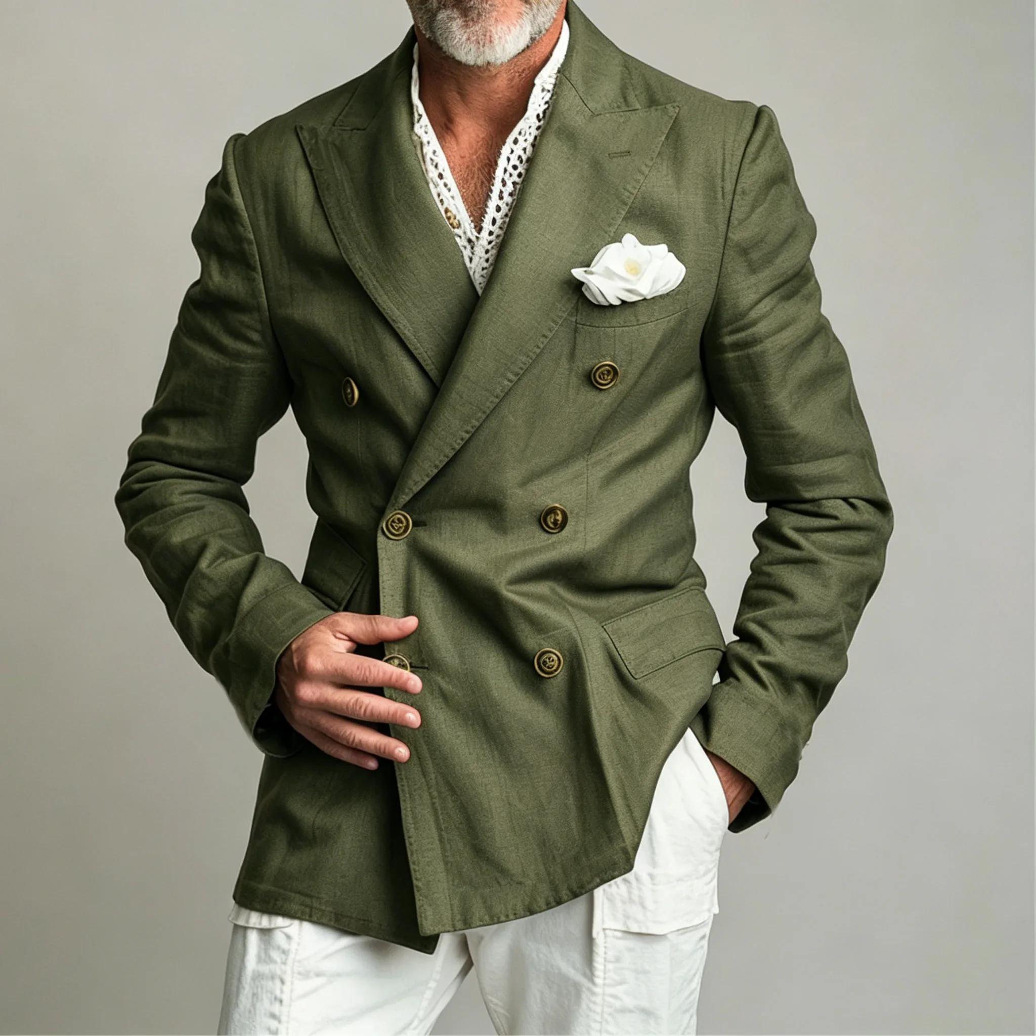 Blazer en lin pour homme, coupe ajustée, léger, décontracté, double boutonnage, revers pointus, pour