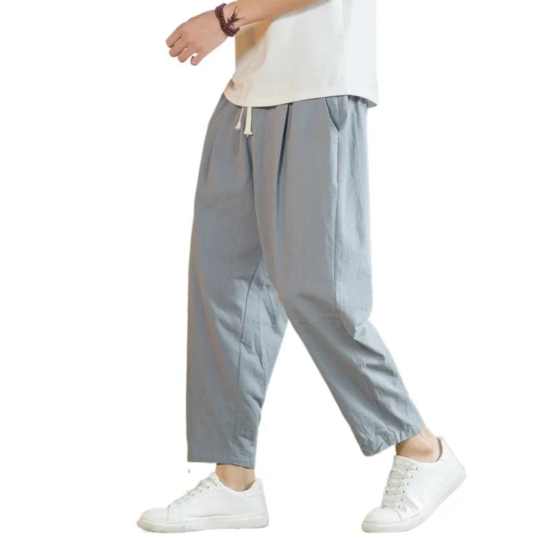 Streetwear hommes coton pantalon décontracté couleur unie pantalons longs respirant cordon pantalon 
