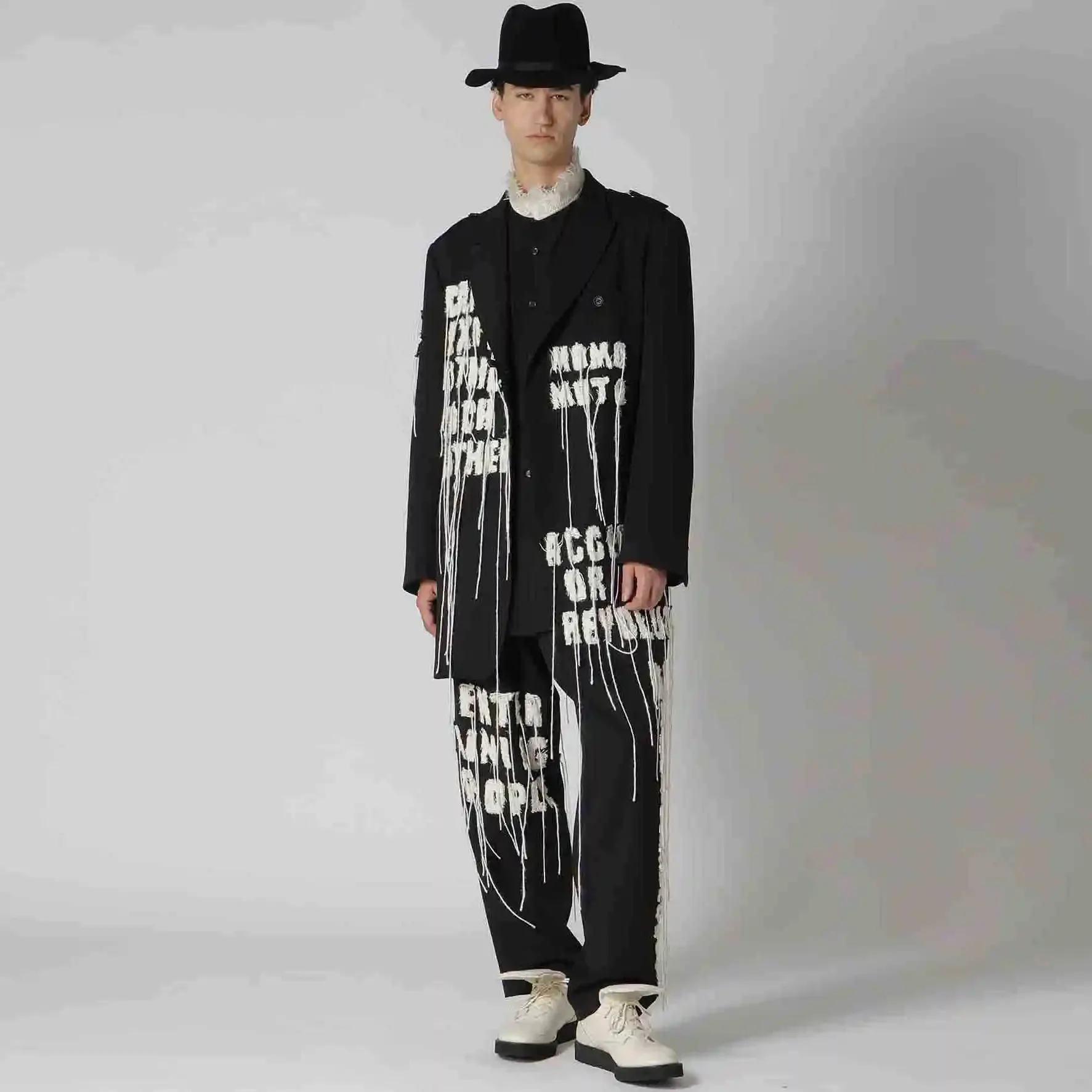 Veste de costume brodée pour homme, design japonais original YOJI OOAK, patchwork, lettres et pompon