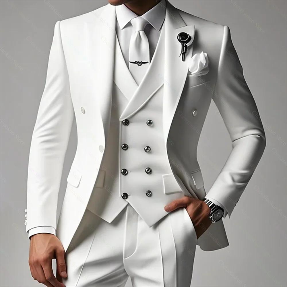 Costumes blancs pour hommes, 3 pièces, haut de gamme, revers, couleur unie, Slim, mode, fête, marié,