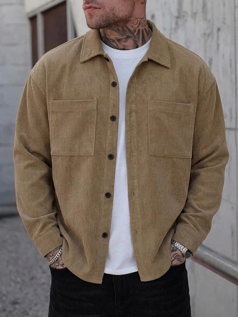 Veste chemise en velours côtelé pour homme, style rétro décontracté à double poche pour le printemps
