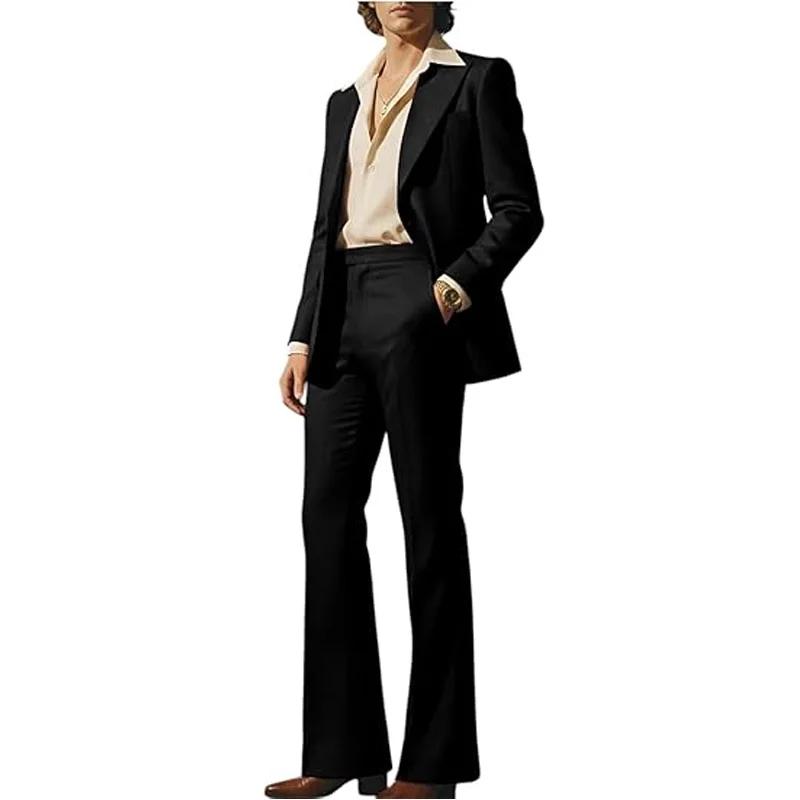 Costume Homme Couleur Unie 2 Pièces Tendance Rétro Évasé Blazer Simple Boutonnage Coupe Slim Tenue F