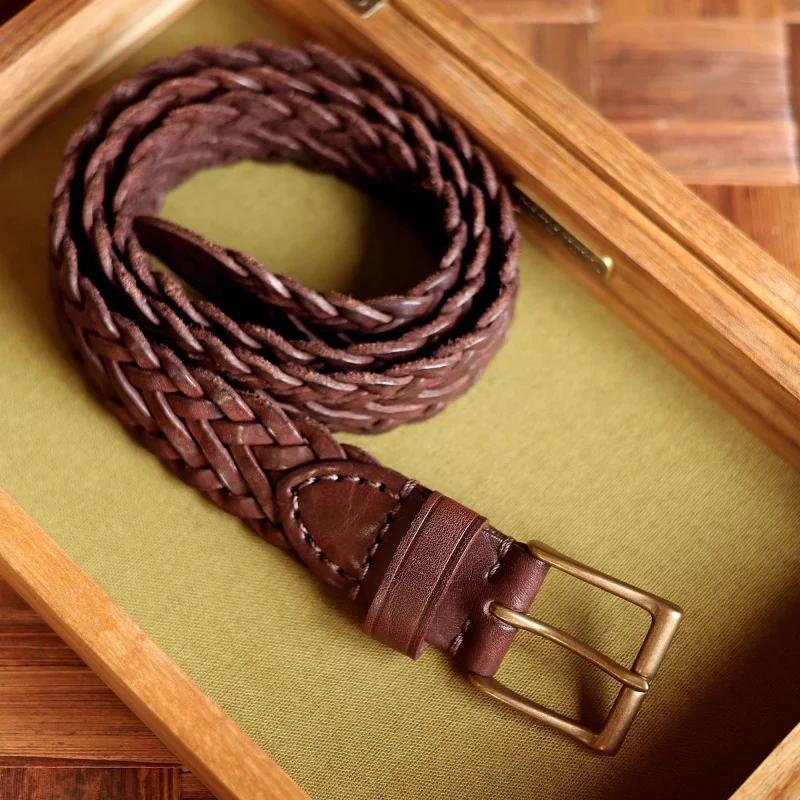 Ceinture de styliste rétro en laiton et cuivre, tissée à la main, en cuir véritable végétal, décontr
