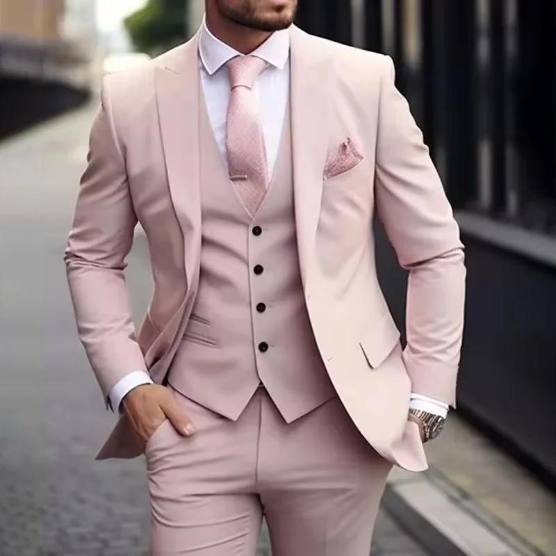 Costumes de luxe rose pour hommes, 2025 Terno, coupe cintrée, veste et pantalon 3 pièces avec gilet,