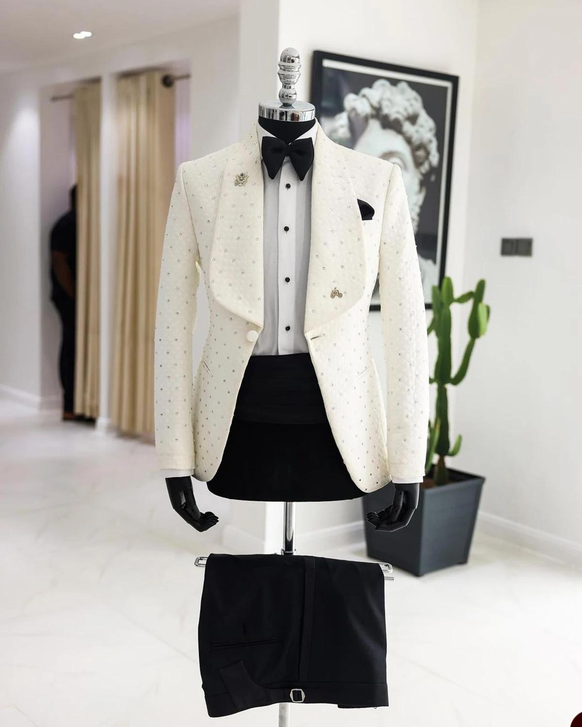 Blazer blanc imbibé pour homme, 2 pièces, pantalon noir, un bouton, revers large, perles d'affaires,