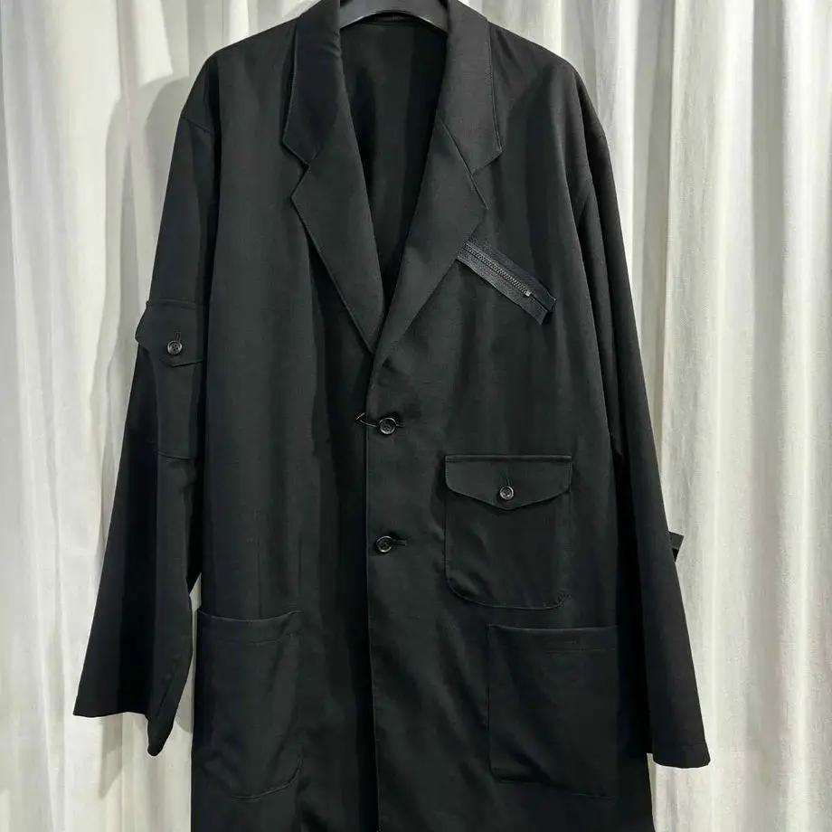 TOP-YAMAMOTO ®   Costume coupé noir pour hommes, col deux pièces, poches boutonnées, veste de costum