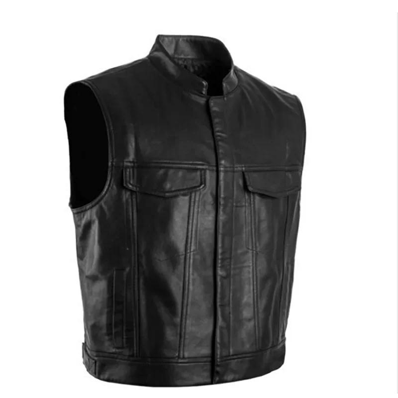 Gilet Homme Noir en Similicuir Style Motard Hip Hop Punk Printemps Sans Manches Grande Taille Décont