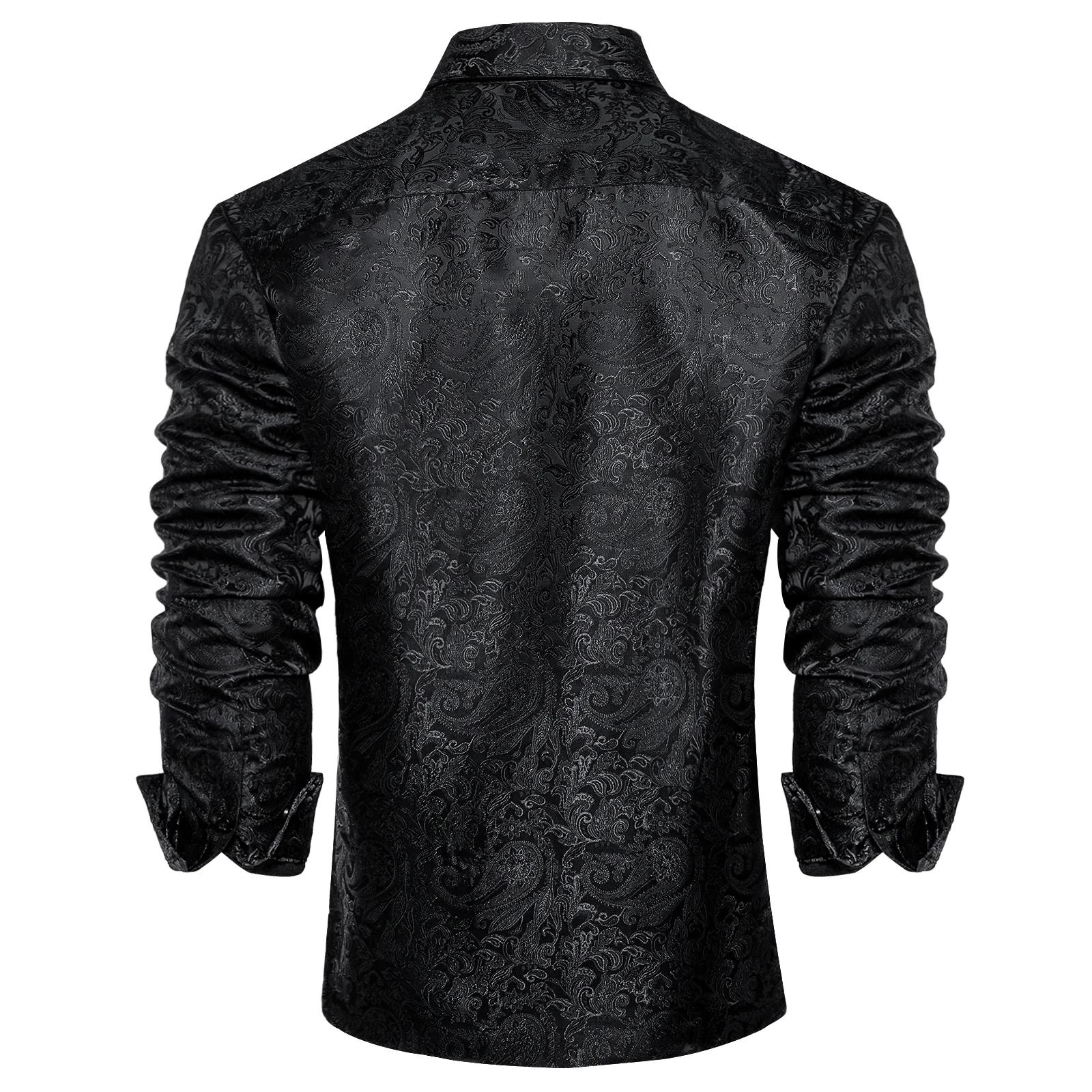 Chemises habillées en soie Paisley noire à manches longues pour hommes, chemise sociale de smoking d