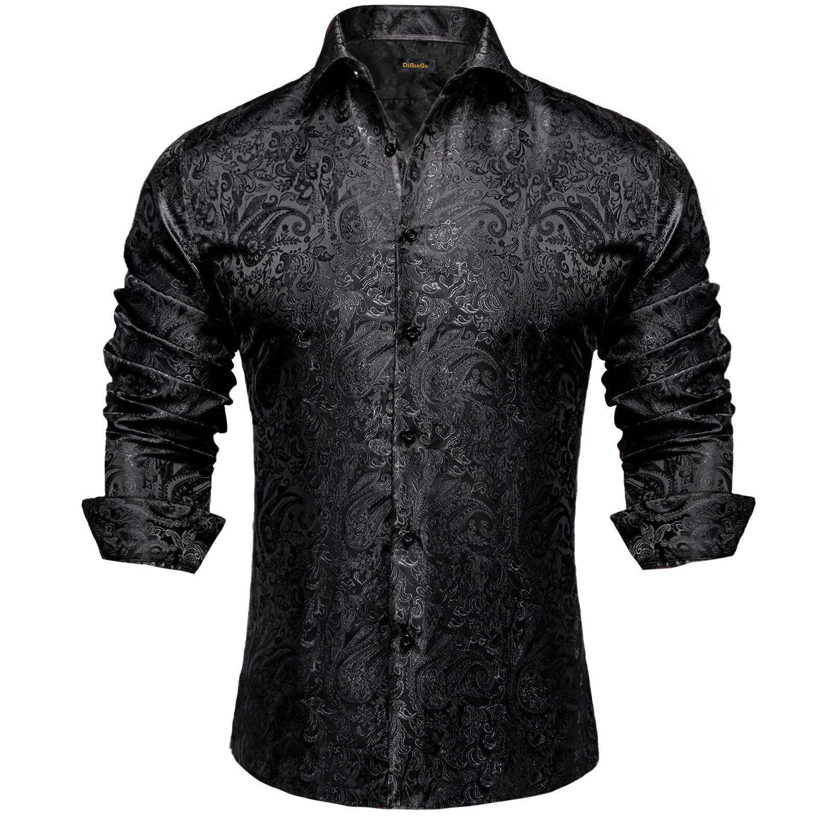 Chemises habillées en soie Paisley noire à manches longues pour hommes, chemise sociale de smoking d
