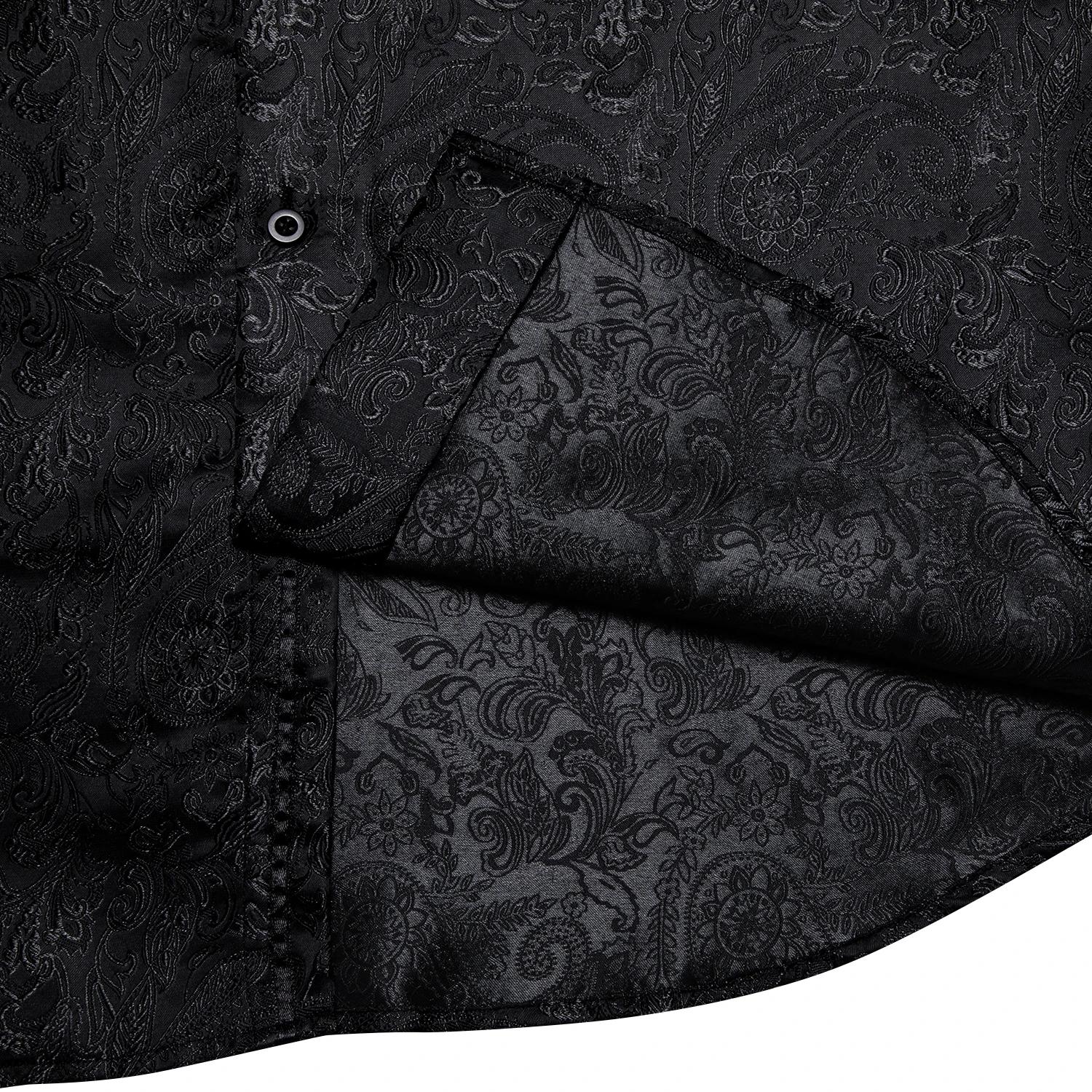 Chemises habillées en soie Paisley noire à manches longues pour hommes, chemise sociale de smoking d