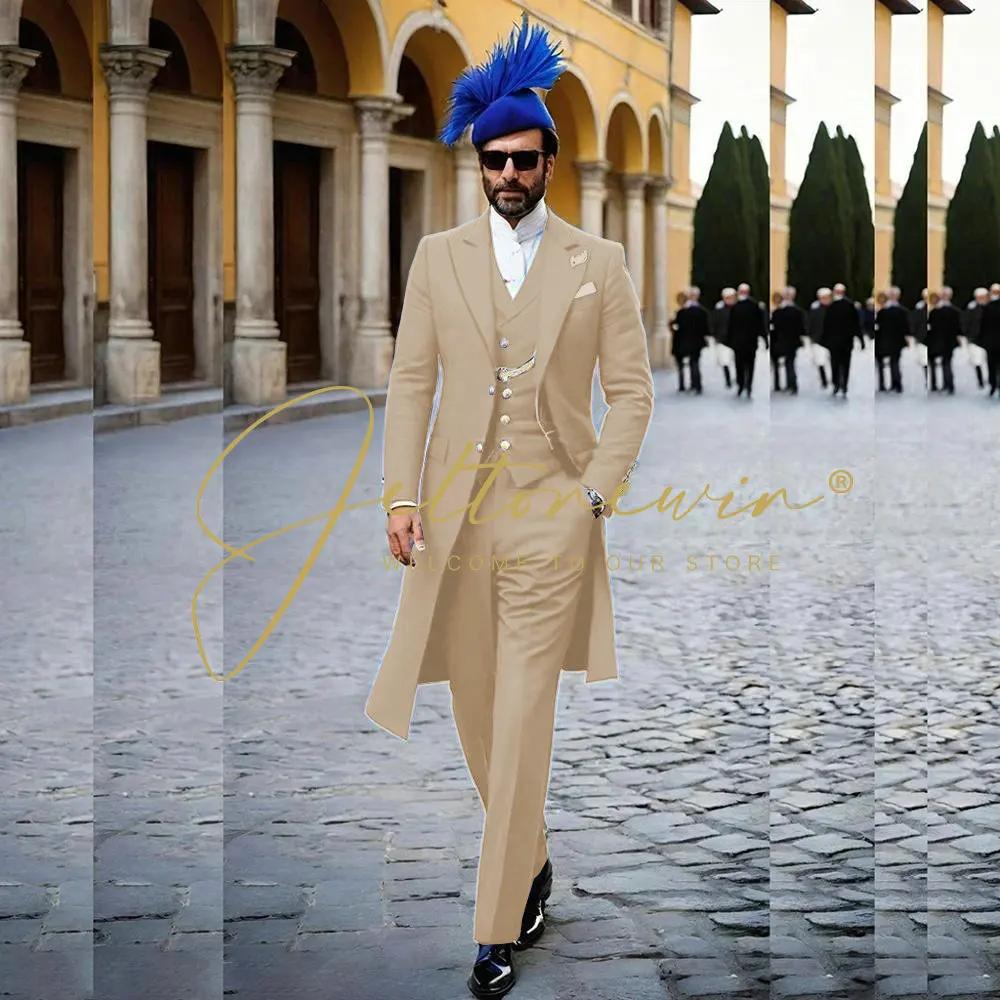 Costumes pour hommes bleu royal 3 pièces Veste longue Gilet Pantalon Revers en pointe Queue-de-pie T
