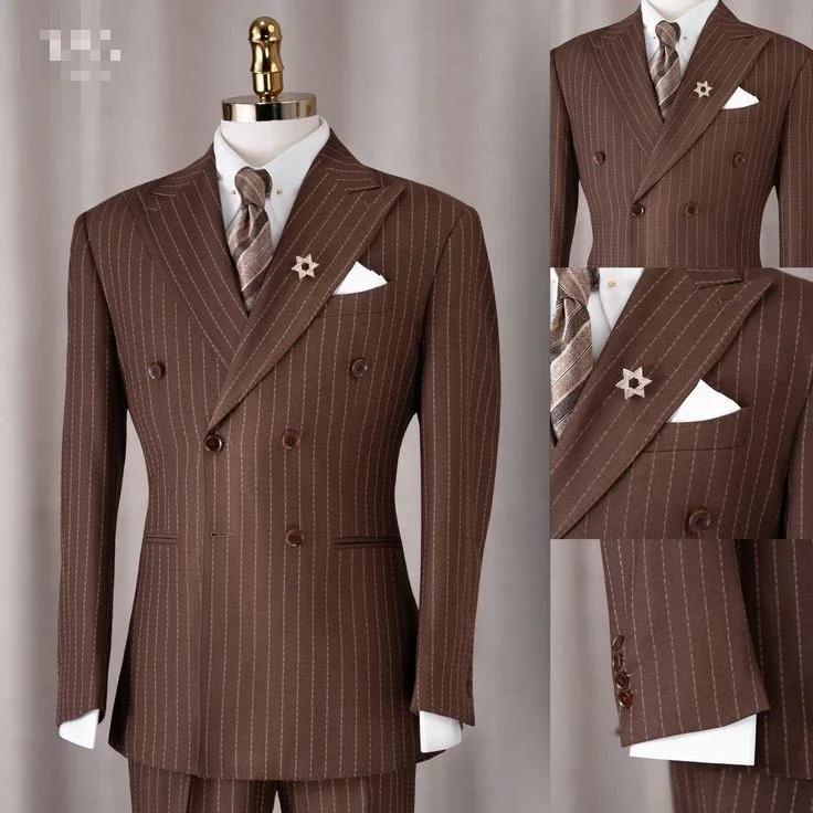 Costume Homme Marron à Rayures Verticales, Ensemble 2 Pièces, Veste Croisée à Revers Pointus, Pantal