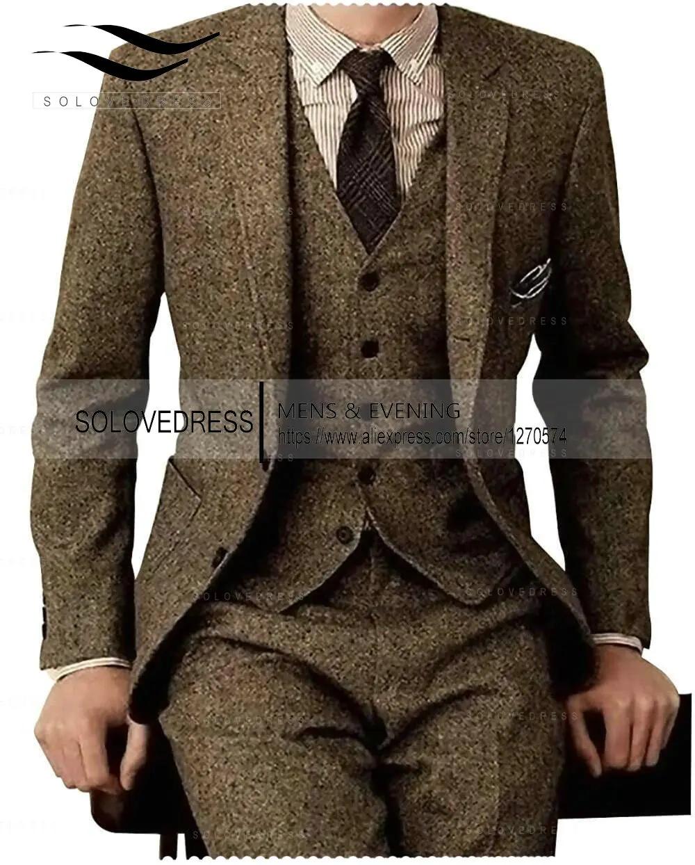 Costume 3 Pièces en Tweed Brun pour Homme, Ensemble Formel d'Affaires, Personnalisé, Blazer de Robe 