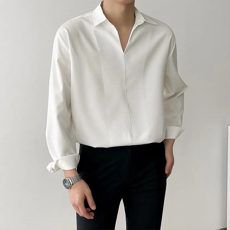 Nouveau coréen col en V hommes chemises de luxe décontracté Style tombant mince couleur unie à manch