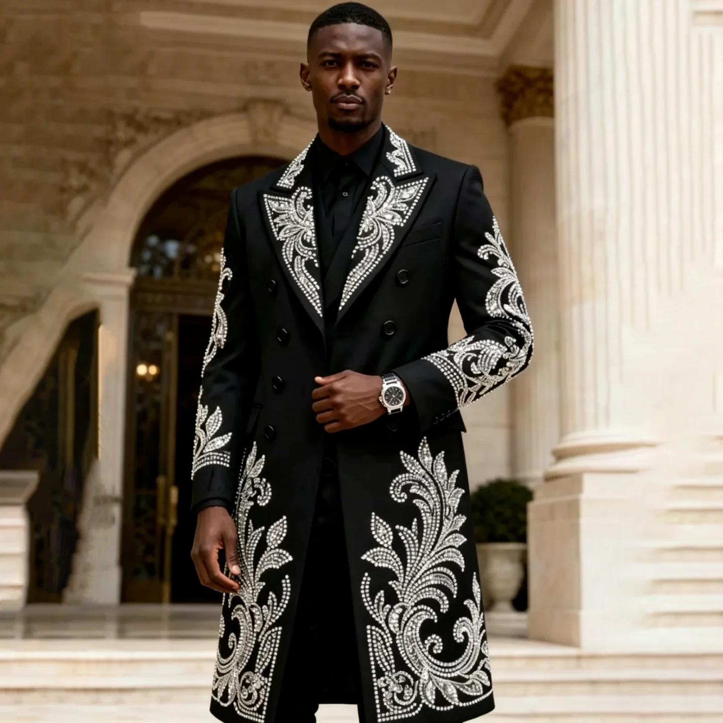 Costume de luxe noir pour homme, long manteau de mariage pour le marié, orné de perles et cristaux, 