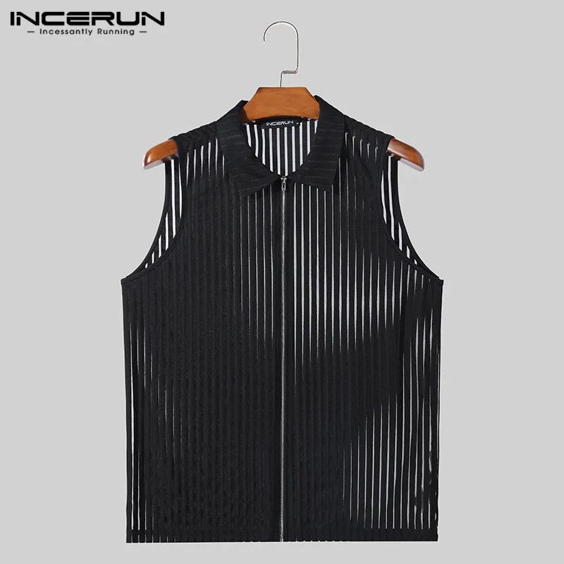 Mode Style décontracté hauts INCERUN hommes rayure verticale Perspective gilet à glissière Sexy mâle